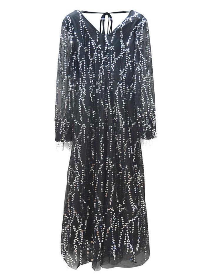 Shimmery Long Sleeve V-Neck Fringed Evening Dress
