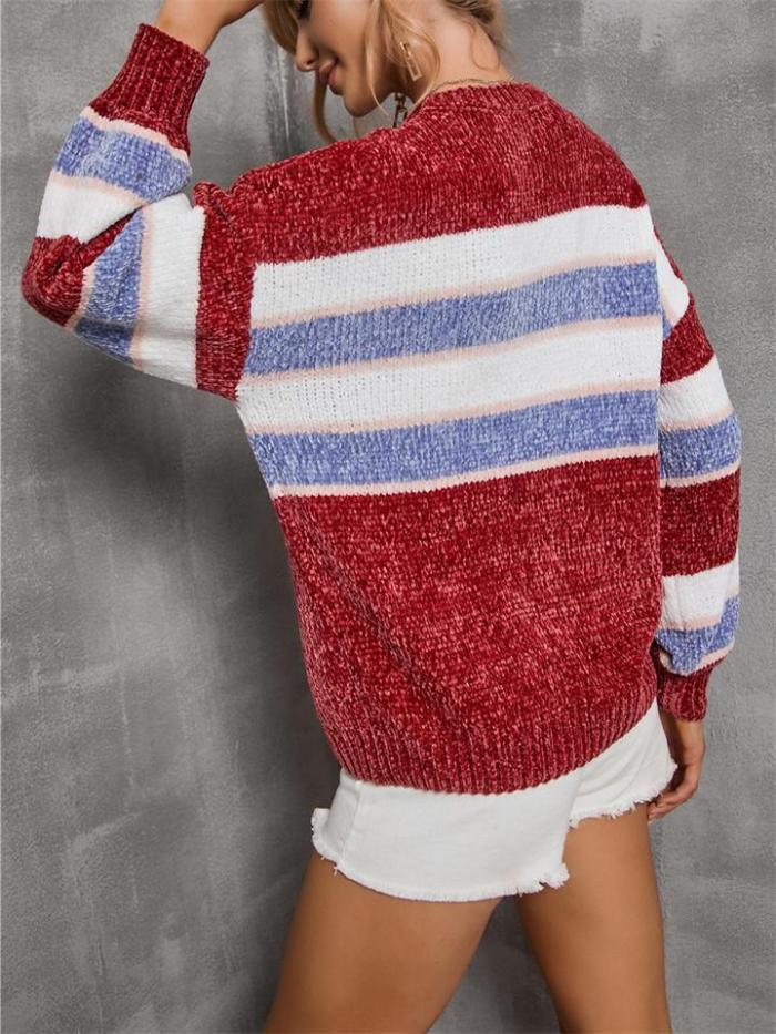 Fashion Contrast Color Design Round Neck Striped Knitted Pullover Sweater