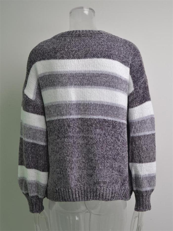Fashion Contrast Color Design Round Neck Striped Knitted Pullover Sweater