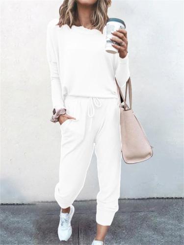 2-Piece Round Neck Loose Casual T-Shirt Lace Up Pants