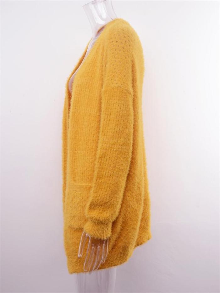 Fashion Open Front Knitted Solid Color Sweater Coat With Pockets