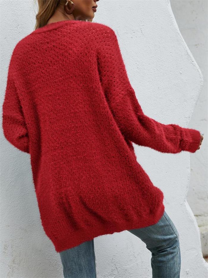Fashion Open Front Knitted Solid Color Sweater Coat With Pockets