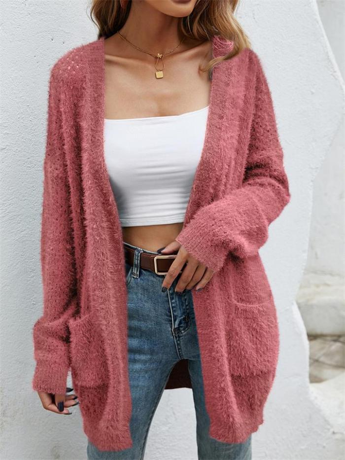 Fashion Open Front Knitted Solid Color Sweater Coat With Pockets