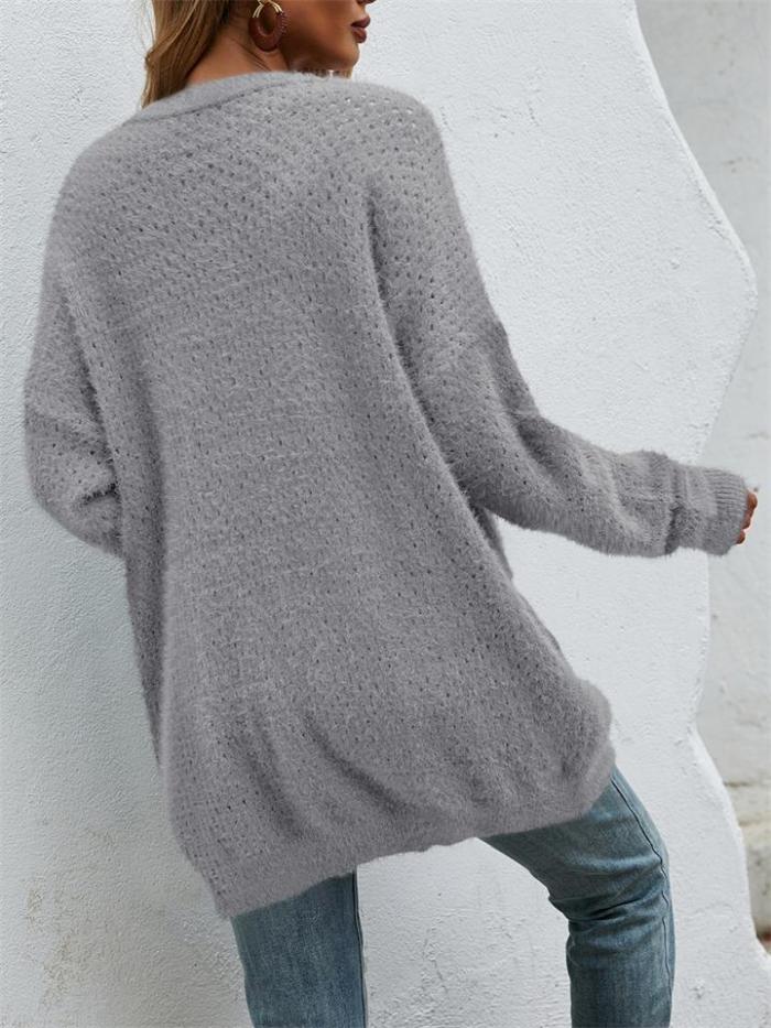 Fashion Open Front Knitted Solid Color Sweater Coat With Pockets