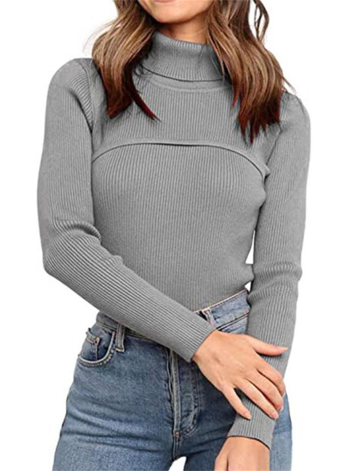 Elegant Striped Knitted Solid Color Slim-Fit Turtleneck Pullover Sweater