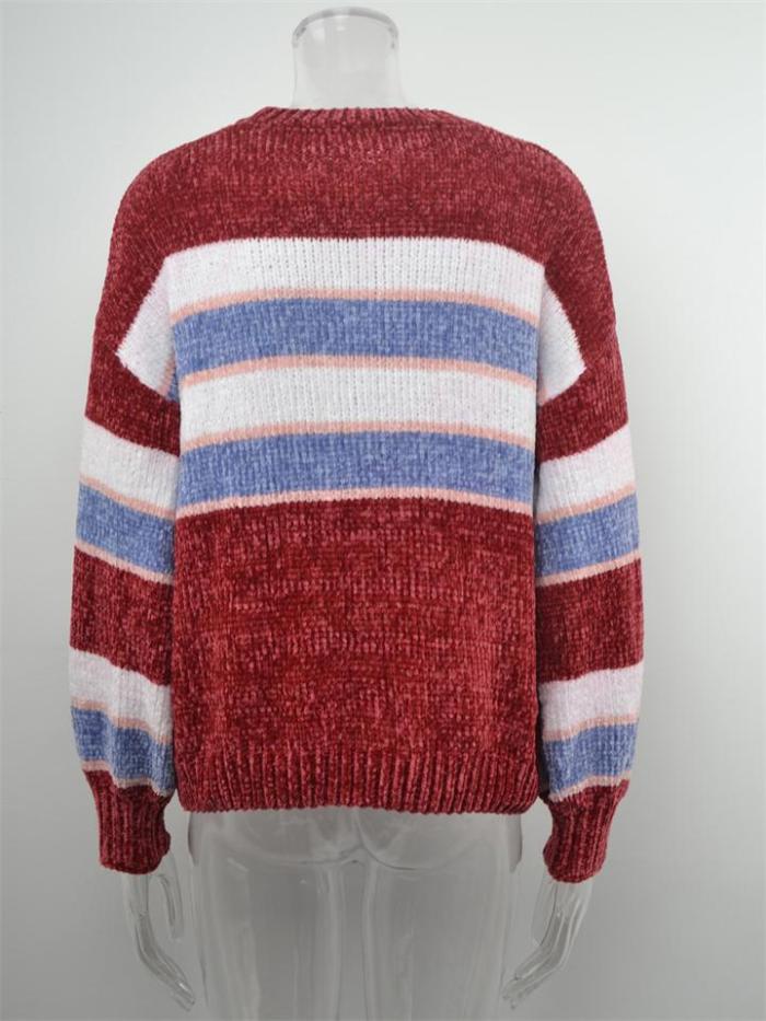 Fashion Contrast Color Design Round Neck Striped Knitted Pullover Sweater