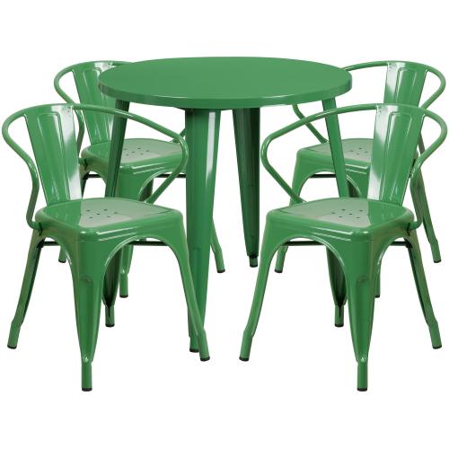 BBB24726450 Flash Furniture 30 in. Round Metal Indoor/Outdoor Table Set with 4 Arm Chairs, Green
