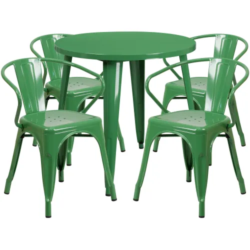 BBB24726450 Flash Furniture 30 in. Round Metal Indoor/Outdoor Table Set with 4 Arm Chairs, Green