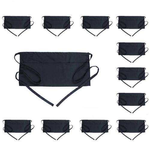 BBB27428177 BOHARERS Server Aprons with 3 Pockets 12 Pack Black Waist Waitress Waiter Half Short Apron Kitchen Restaurant for Women Men Server, 24 x 12 for