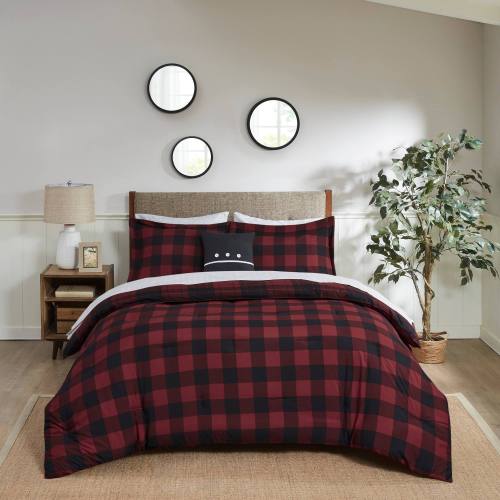 BBB23565925 Madison Park Essentials - Everest Reversible Complete Bedding Set - Red Plaid - King