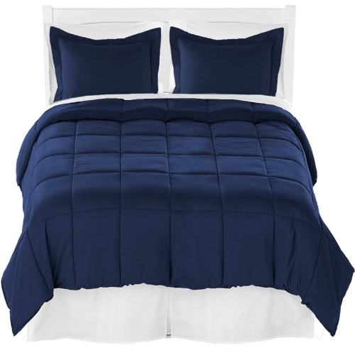 BBB16282338 Bare Home Microfiber Comforter, Sheet Set, and Bed Skirt - Dark Blue/White/White - King