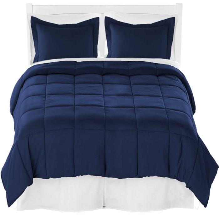 BBB16282338 Bare Home Microfiber Comforter, Sheet Set, and Bed Skirt - Dark Blue/White/White - King