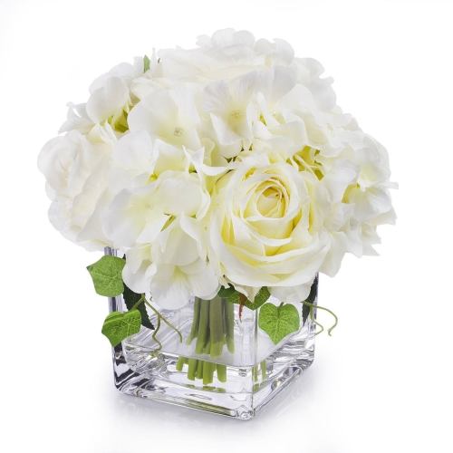 BBB17791665 Enova Home Artificial Rose and Hydrangea Silk Flowers Arrangements in Cube Glass Vase for Home Wedding Decoration (Cream)
