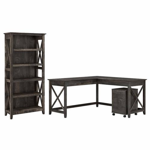 BBB24530554 Bush Furniture Key West L-Shaped Desk with 2-Drawer Mobile File Cabinet and 5-Shelf Bookcase, Dark Gray Hickory (KWS016GH)