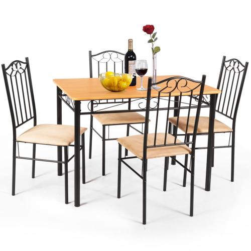 BBB27595972 5 PC Dining Set Wood Metal Table and 4 Chairs Breakfast Kitchen Furniture