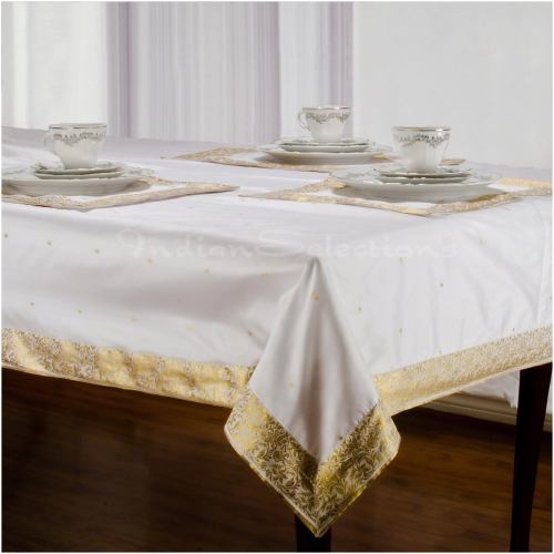 BBB23838986 Veesha White Gold - Handmade Sari Tablecloth (India) TBCMWTG5270