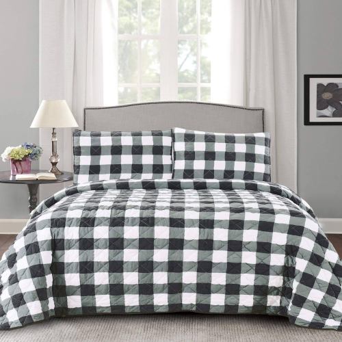 BBB23657303 Sweet Home Collection Buffalo Check Print Ultra Soft 3-Piece Quilt & Pillow Sham Set - Black White - King