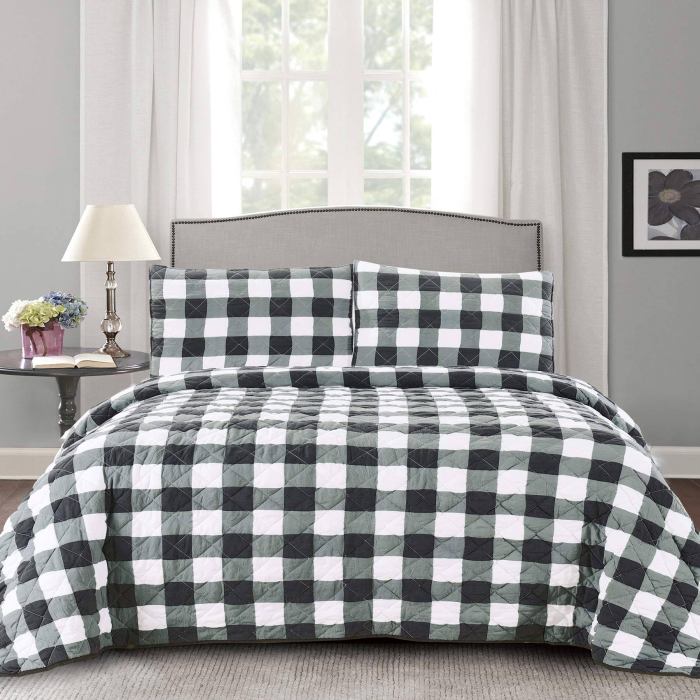 BBB23657303 Sweet Home Collection Buffalo Check Print Ultra Soft 3-Piece Quilt & Pillow Sham Set - Black White - King