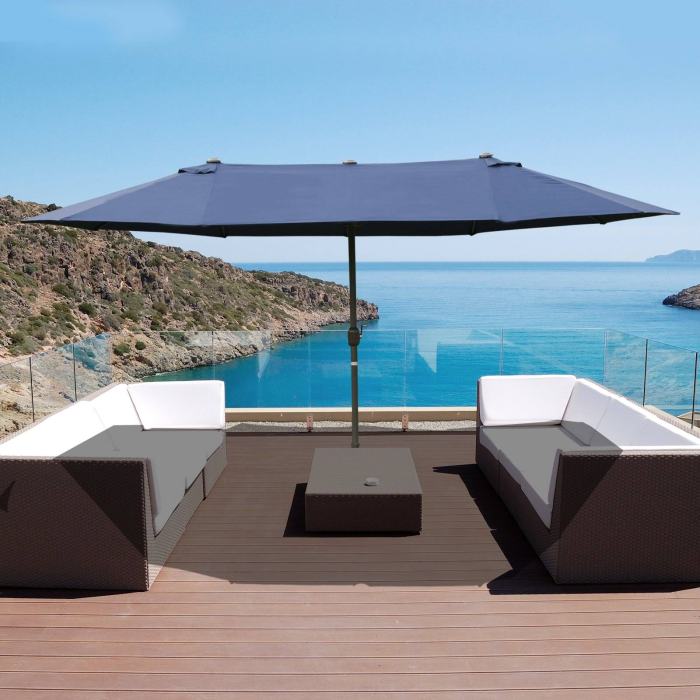 BBB24406505 Outsunny 15' Steel Rectangular Outdoor Double Sided Market Patio Umbrella with UV Sun Protection & Easy Crank - Dark Blue