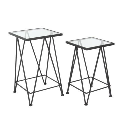 BBB21818796 21inch X 25inch Metal and Glass Side Tables (Set of 2), Clear/Black