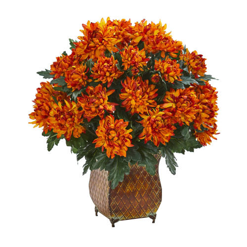 BBB22997425 Nearly Natural Spider Mum Artificial Plant in Metal Planter