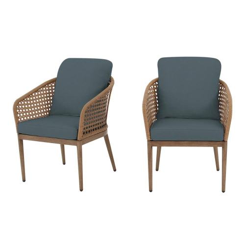BBB20181988 Hampton Bay Coral Vista Brown Wicker Outdoor Patio Dining Chair with Sunbrella Denim Blue Cushions (2-Pack)