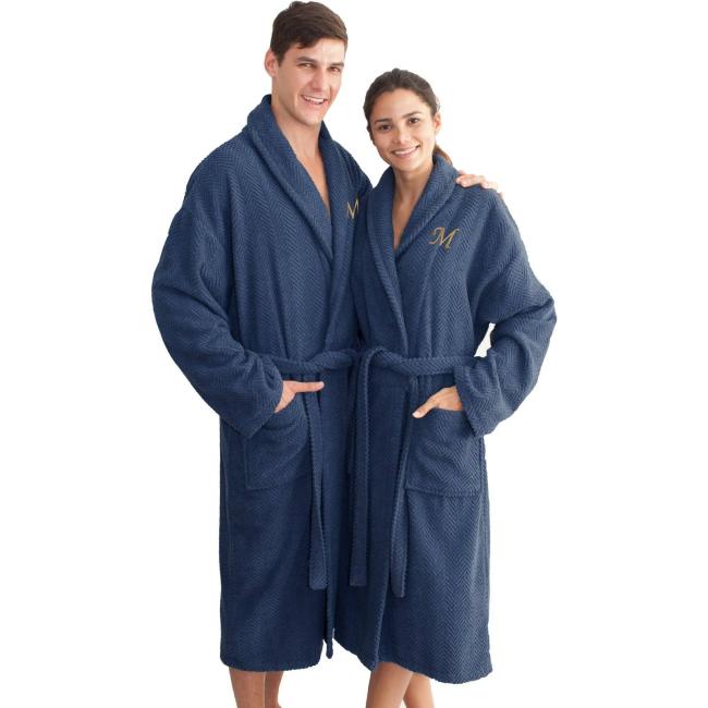 BBB18075100 Linum Home Textiles Linum Unisex Herringbone Weave Midnight Bathrobe, Women's, Size: Small-Medium, Blue