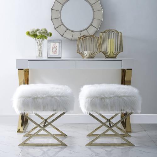 BBB21306303 Inspired Home Liam Faux Fur Ottoman - Stainless Steel | Gold or Chrome X-Legs | Living