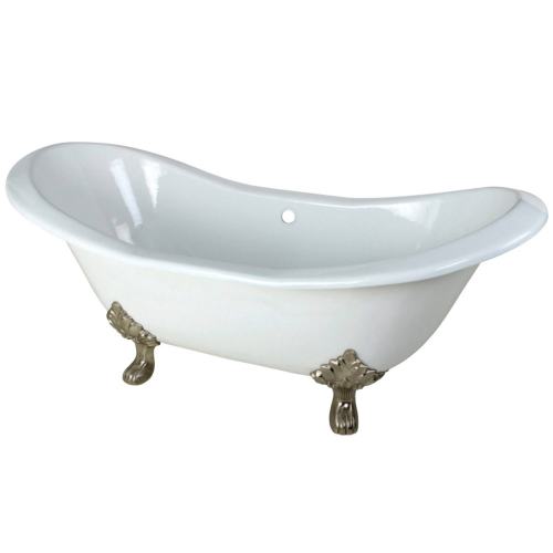 BBB15366038 Kingston Brass Aqua Eden White & Satin Nickel 72inch Cast Iron Double Slipper Clawfoot Bathtub