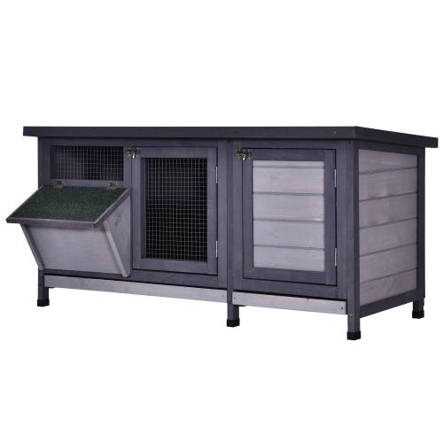 BBB27967200 PawHut Wooden Outdoor Bunny Rabbit Hutch with 2 Large Customizable Run Areas and A Cozy Main House & Feeding Trough - Grey