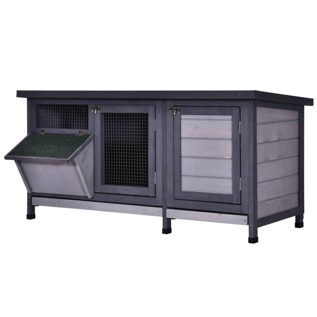 BBB27967200 PawHut Wooden Outdoor Bunny Rabbit Hutch with 2 Large Customizable Run Areas and A Cozy Main House & Feeding Trough - Grey