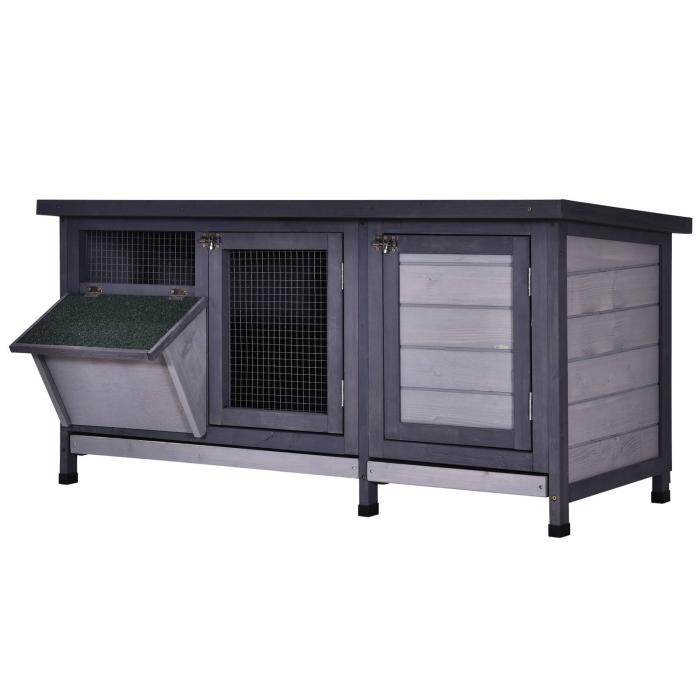 BBB27967200 PawHut Wooden Outdoor Bunny Rabbit Hutch with 2 Large Customizable Run Areas and A Cozy Main House & Feeding Trough - Grey