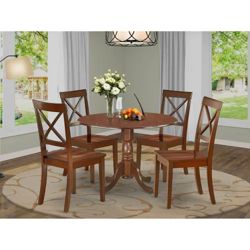 BBB22229768 East West Furniture DLBO5-MAH-W 5pc Rounded 42 inch Kitchen Table with Two 9-Inch Drop Leaves and Four Wood Seat Dining Chairs, 5, Mahogany