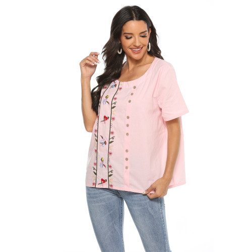 Women's Boho Style Embroidery Top Short Sleeve