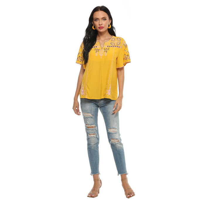 Women's Short Sleeve Embroidery Blouse Western Wear