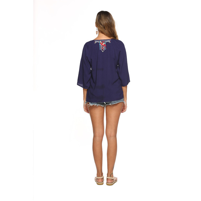 Embroidered Women's Long Sleeve Boho Style Top