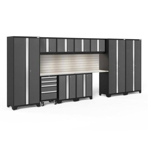 BBB26915821 NewAge Products Bold 3.0 Series 12-Piece Grey Garage Cabinet Set with Stainless Steel Worktop, LED Lights, Slatwall Backsplash 56055