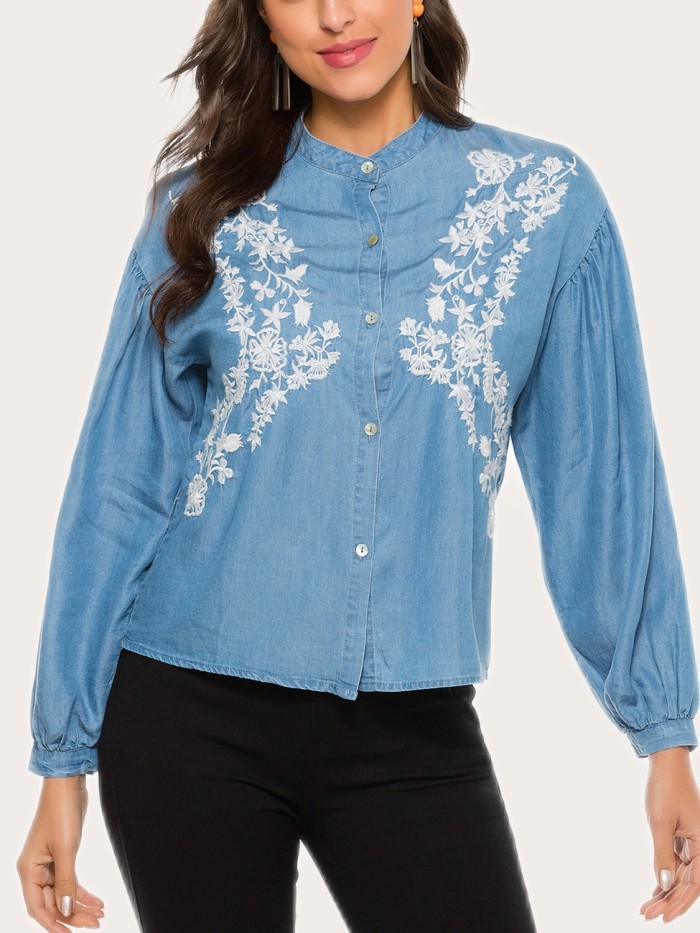 Women's Long Sleeve Embroidery Blouse Boho Style
