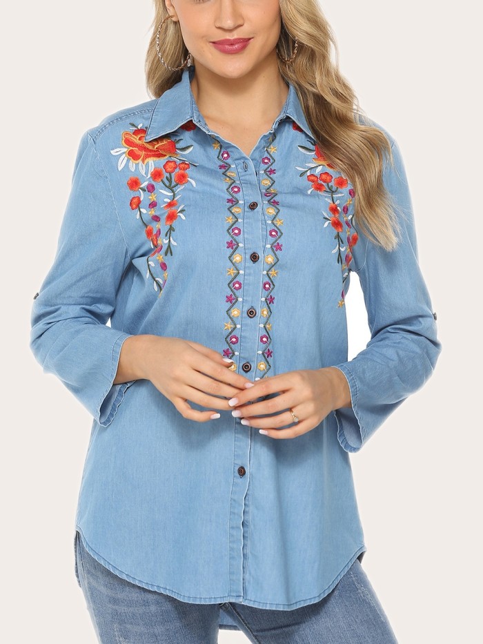 Women's Oversize Long Sleeve Blouse Embroidery Western Style