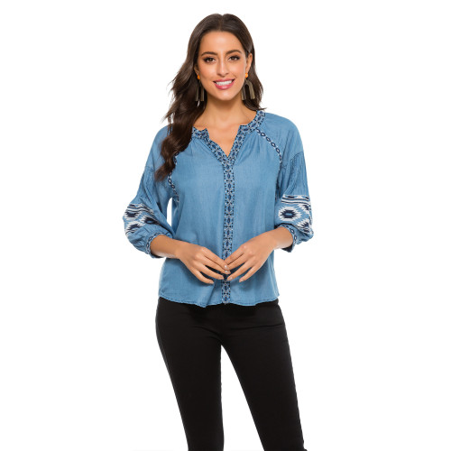 Women's Long Sleeve Embroidery Top Western Wear Denim