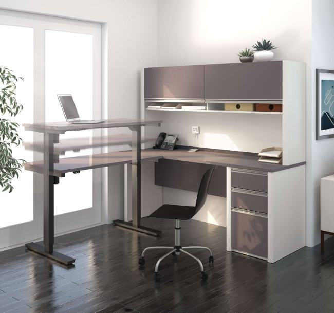 BBB24369916 Bestar Connexion L-Desk with Hutch Including Electric Height Adjustable Table, Slate/Sandstone