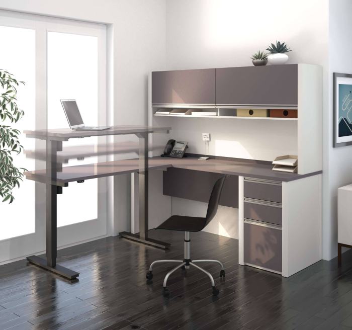 BBB24369916 Bestar Connexion L-Desk with Hutch Including Electric Height Adjustable Table, Slate/Sandstone