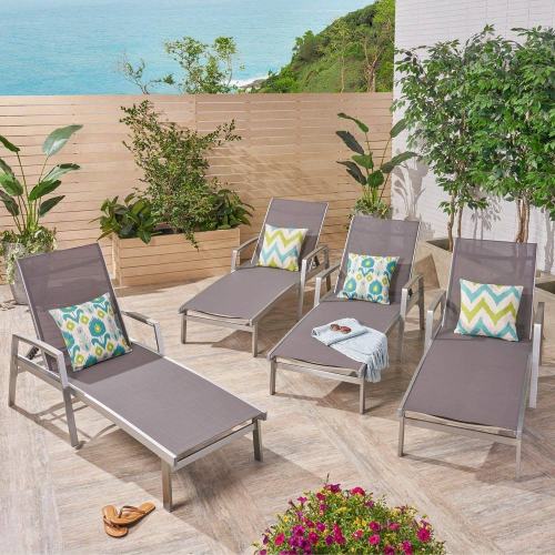 BBB16995583 Noble House Oxton Outdoor Mesh and Aluminum Chaise Lounge (Set of 4) Gray
