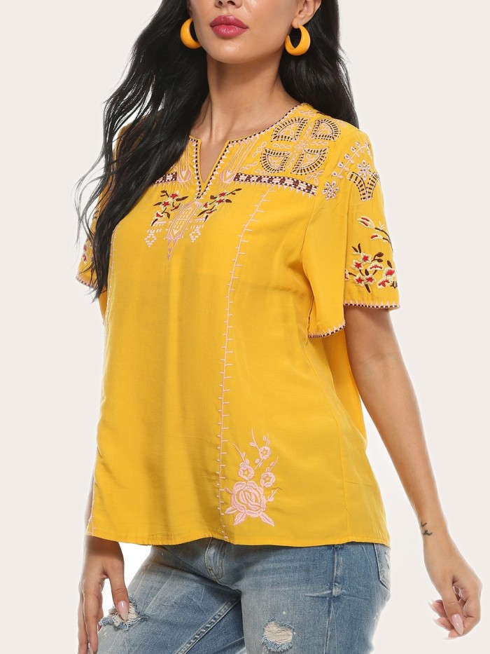 Women's Short Sleeve Embroidery Blouse Western Wear