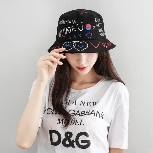 New Kpop Bucket Hat Women Embroidery Letters Double Side Cotton Reversible Sun Protection Cap Men's Panama Hat Fisherman Hats