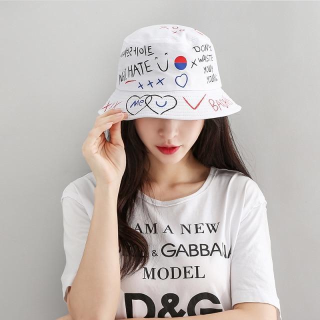 New Kpop Bucket Hat Women Embroidery Letters Double Side Cotton Reversible Sun Protection Cap Men's Panama Hat Fisherman Hats