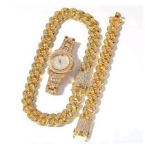 gold cuban links chains necklaces iced out watch CZ diamond bling hip hop jewelry sets
