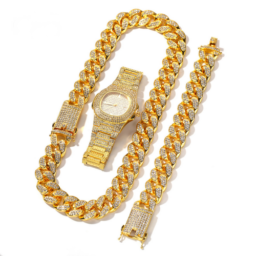 gold silver cuban links chains mens iced out watch necklace for boys hip hop CZ bling jewelry sets