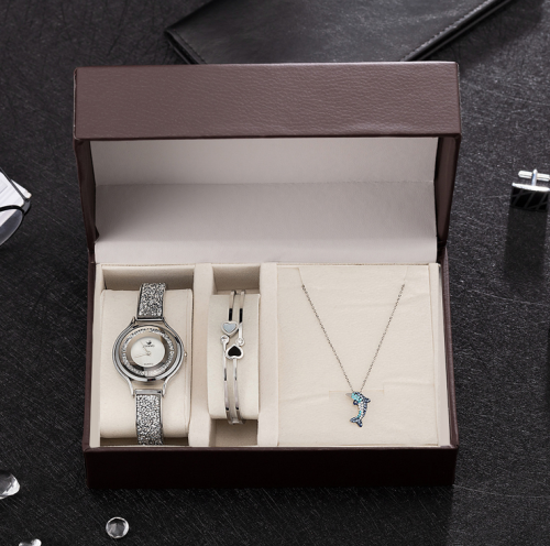 women quartz wristwatch stainless steel bangle/necklace/watch fashion jewelry gift set for ladies 3pcs/set