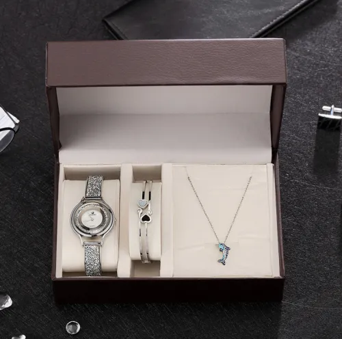 women quartz wristwatch stainless steel bangle/necklace/watch fashion jewelry gift set for ladies 3pcs/set